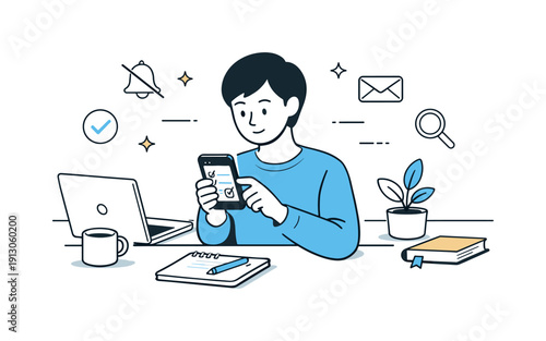 Intentional phone use habits. A focused work scene with a person using a phone intentionally for a task, notifications muted and minimal