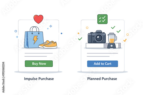 Impulse vs Planned Purchases. Impulse vs planned purchases. Two simple product cards side by side, one highlighted by a heart icon and the other by a