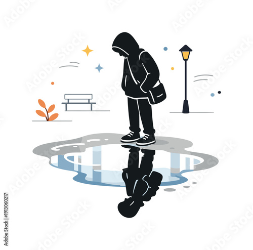 People reflected in puddles. A calm street scene where a figure pauses near a puddle, their silhouette reflected with slight distortion. The