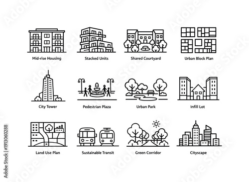 Urban Density Icons. Urban Density Solutions. Line icon set of Urban Density Solutions: mid-rise housing, stacked units, shared courtyard, urban block plan,