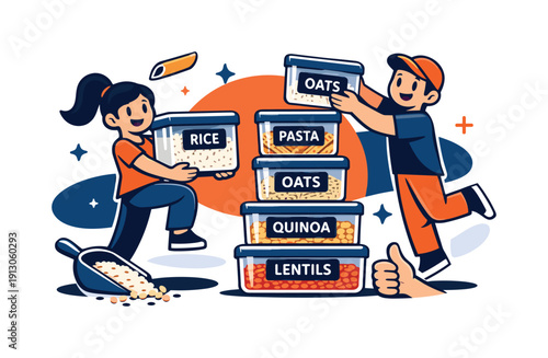   Sorted food storage. Transparent containers filled with grains and pasta, labels aligned