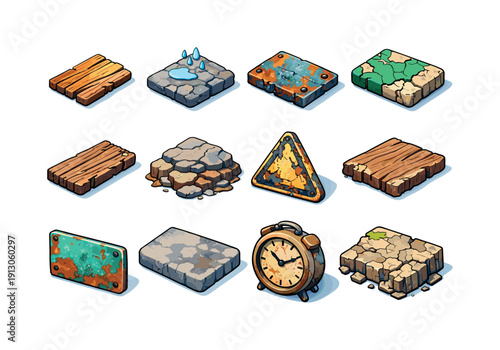 Weathered Objects. Colorful isometric vector icons set of Weathered Objects: sun damaged board, rain worn surface, corroded metal plate,