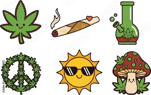 Cartoon cannabis icons marijuana leaf joint bong peace sign sun mushroom