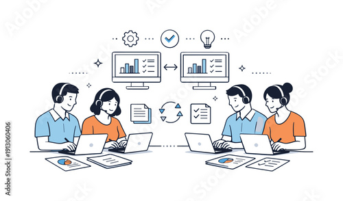 Imitative actions in teamwork. Team members adopting similar workflows and behaviors, calm collaboration and efficiency. Documents, screens,