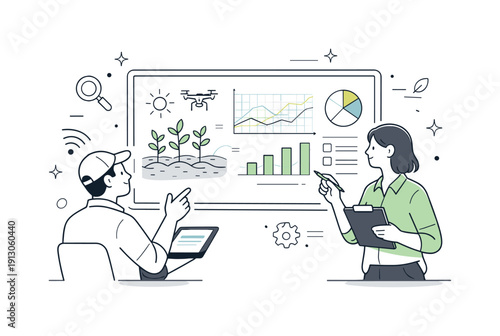 Innovative Agri-Tech Collaboration. Agri-tech startup solutions. Two specialists review crop data and growth charts on a large screen. Collaborative atmosphere