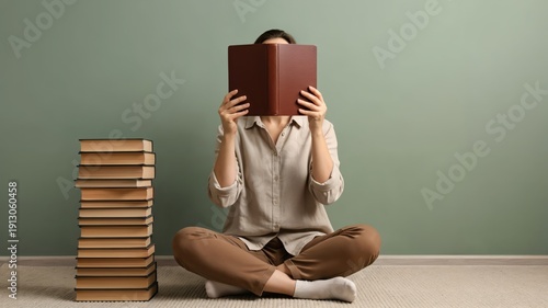 Introverted young woman bibliophile hiding behind book with stack of books for deep reading study