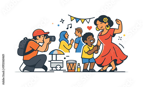 A photographer capturing a candid moment during a cultural event a lively street festival scene where the photographer captures unscripted