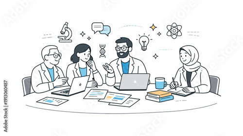 Research and academic collaborations. Scientists and researchers discussing ideas around a table with papers and laptops. Calm professional