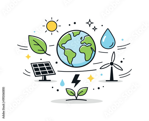 Climate change awareness. Abstract icons of earth, leaves, water drops, and energy symbols floating in balance. The scene feels optimistic,