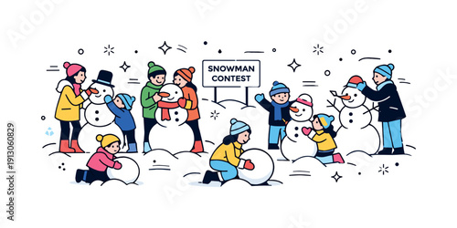 Snowman-building contest. Families and friends shaping snowmen together, playful competition and winter joy. Snowballs, scarves, and gentle