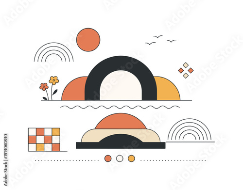 70s retro design elements. Calm nostalgic graphics with emphasis on balance, texture feel, and visual warmth. Minimal abstract scene with