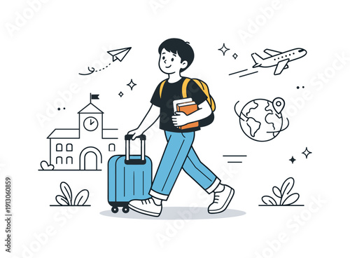 Study abroad experience. An international student confidently exploring a new campus with a suitcase and books, feeling curious and