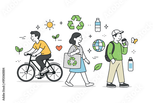   Green living concept. People choosing sustainable options like bicycles, tote bags, and reusable cups, relaxed urban lifestyle mood. Simple