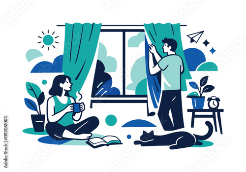   Window curtains scene. Curtains slightly parted, soft daylight entering the room, calm