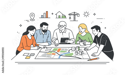 Urban planning offices. Team of planners gathered around a large table reviewing city maps and zoning plans. Calm collaboration and focused