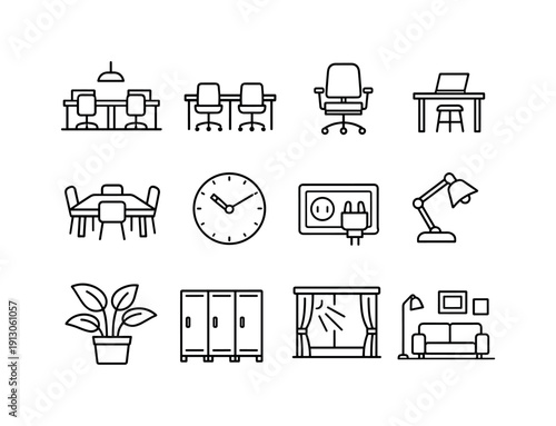 Coworking Space. Line icon set of Coworking Space: open workspace, shared desk, office chair, laptop desk, meeting table, wall clock, power