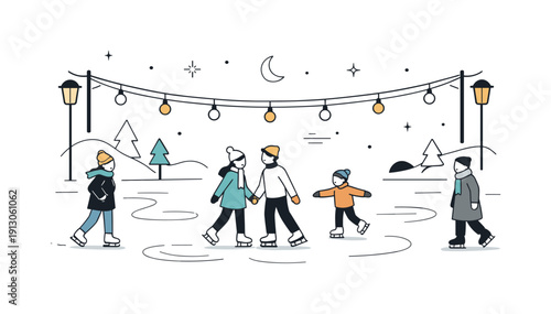   Evening ice skating scene. People skating under soft lights on an outdoor rink, calm atmosphere and slow movement. Minimal lanterns and