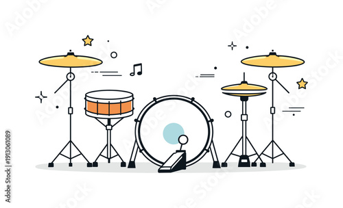 Minimalist Drum Kit Design. Modern drum kit arrangement. Minimal drum set with cymbals mounted on stands, carefully balanced and symmetrical. Clean visual