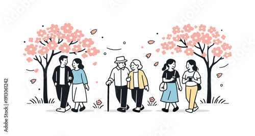    Cherry blossom season. A group of people walking beneath blooming trees, petals drifting gently in the air. The scene highlights