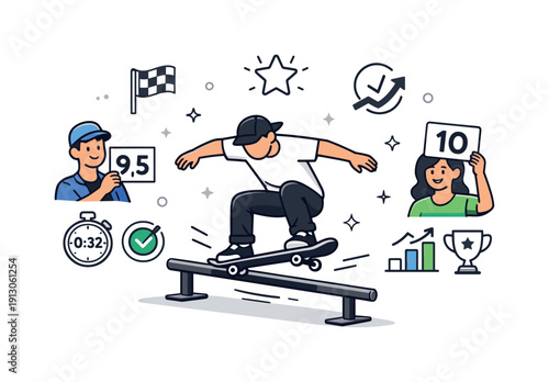 Precision Skater Landing. Record-breaking moment. Skater landing a precise trick while judges or metrics icons appear nearby. Balanced composition highlighting