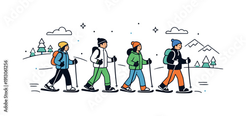 Snowshoeing in a winter wonderland. A small group of people snowshoeing together across an open snowy landscape, relaxed and evenly spaced.