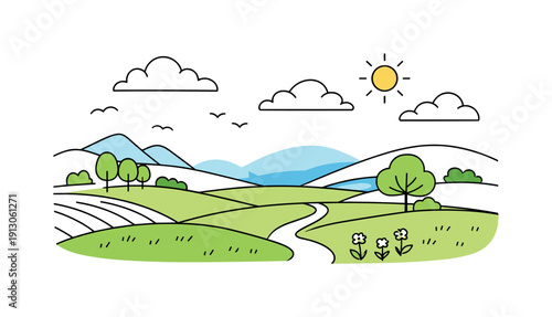 Summer Countryside Serenity. Summer landscapes. Wide open countryside with green fields, gentle hills, and soft clouds drifting in the sky. Calm warmth and
