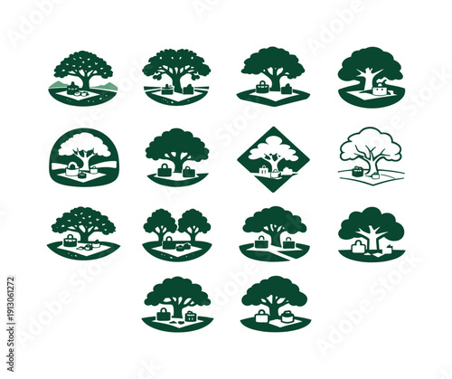   Spring picnic in nature. Icon set. Set Logo of Spring picnic in nature: picnic under tree. harmonious logo variations of the same emblematic