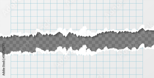 Empty checered realistic school notepad sheet torned mockup isolated on transparent background. Cuted notepad sheet with hole. Vector illustration