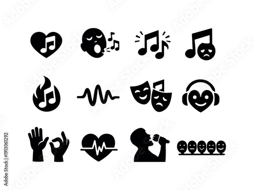    Music and Emotions. Solid icon set of Music and Emotions: heart music, emotional face singing, joy notes, sad melody, passion flame note,