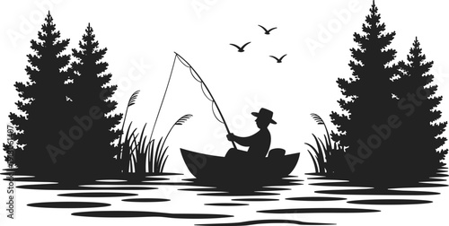 Black and white fisherman silhouette on tranquil lake with pine forest birds peaceful outdoor fishing nature landscape illustration