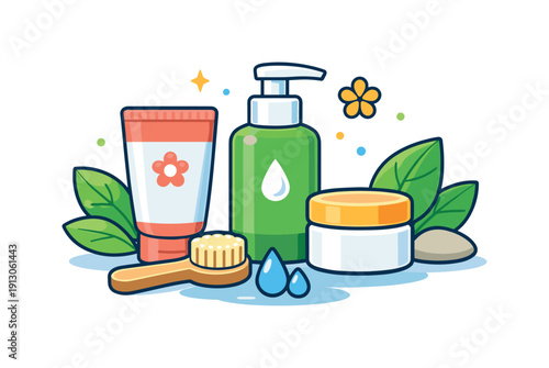 Spring self care gentle skincare routine with simple cosmetic bottles, leaves, and water drops, symbolizing freshness, natural beauty, and
