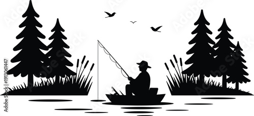 Black and white fishing silhouette illustration of man in boat on lake with trees birds nature outdoor scene