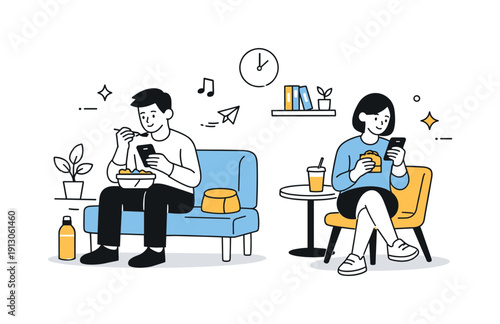 Midday pauses at work or school. Two colleagues sit apart in a common area, eating lunch quietly and checking their phones.
