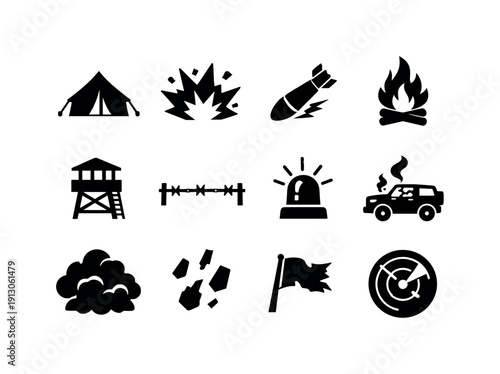 Iconic Battlefield Assault. Enemy camp under attack. Solid icon set of Enemy camp under attack: enemy camp tent, explosion blast, missile strike, burning fire,