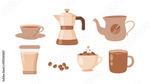 Stylish Coffee Elements Collection. Flat illustration of brewing tools, mugs, and beans on white.