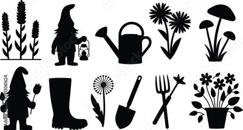 Black and white gardening silhouette icon set with gnomes flowers mushrooms tools watering can boots spring nature illustration