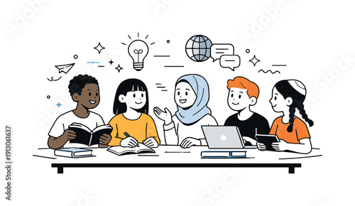 Diversity in education. Classroom with students from different cultural backgrounds sharing ideas and learning together. Calm, positive scene