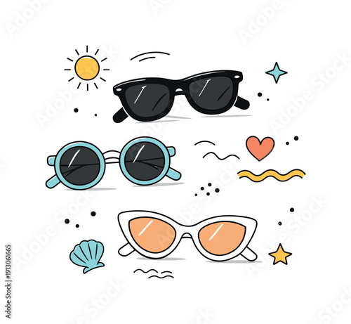    Summer accessories flat lay. Sunglasses arranged with small abstract shapes, suggesting light and warmth. Relaxed lifestyle feeling, modern