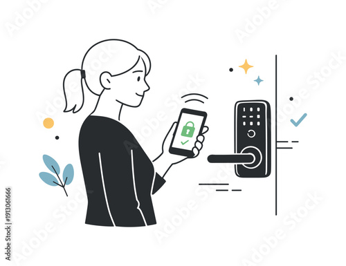 Smart locks. A person unlocking a door with a smartphone, calm and confident everyday moment. Modern home security with simple digital