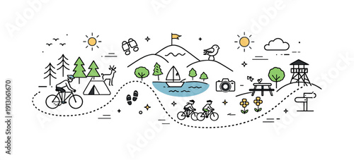   Bike tours and nature trails. Abstract overview of a cycling route through forests, hills, and open spaces. Informative yet calm travel scene