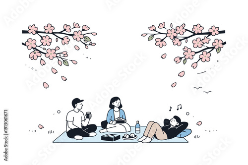   Peaceful hanami scene. Minimal editorial illustration of cherry blossom branches framing people resting below. Soft petals and open space