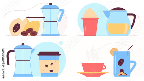 Modern flat design vector set of various coffee drinks, brewing methods, and cafe beverages for web and menu design.