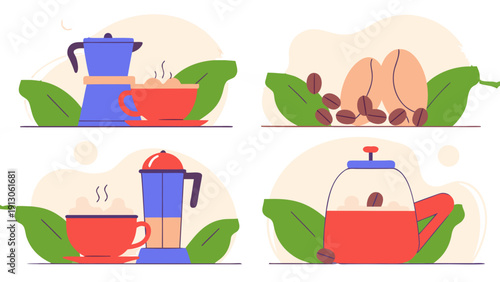 Modern Coffee Brewing Illustration Set: French Press, Moka Pot, Steaming Cups, and Raw Coffee Beans