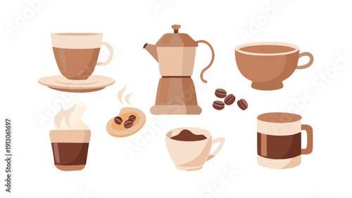 Modern Flat Vector Collection of Coffee Cups, Moka Pot, and Beans for Cafe Menu Design or Breakfast Theme