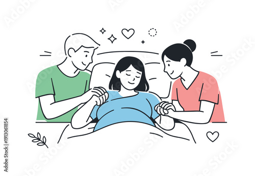 Childbirth support. A simplified hospital or birth-room scene showing supportive figures standing close in a calm, reassuring way. The