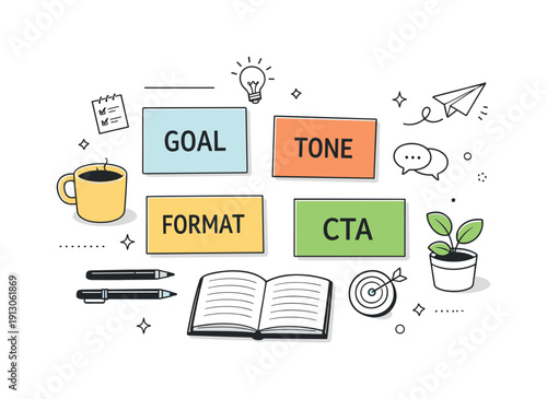 Creative brief for social post. An editorial-style composition of cards labeled goal, tone, format, and CTA arranged on a