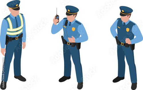Flat isometric police officer characters set, security guard in uniform with radio and reflective vest isolated