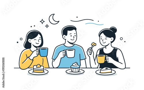 Evening coffee break. A relaxed evening scene with people holding coffee mugs and dessert forks, soft lighting suggested with abstract