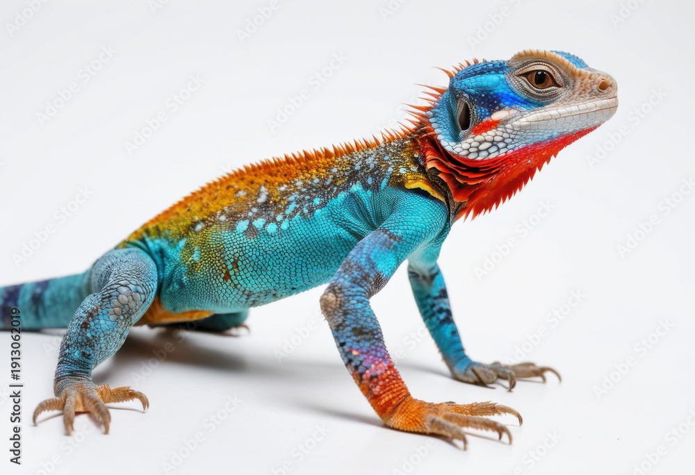 Obraz premium Brightly colored agama lizard, on white background