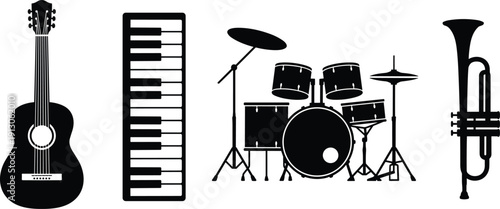 Musical instrument silhouettes set with acoustic guitar, keyboard, drum kit and trumpet in black and white vector illustration